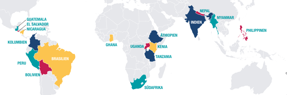 Weltkarte mit Fokus auf Asien, Afrika, Südamerika und farblich hervorgehobenen Partnerländern